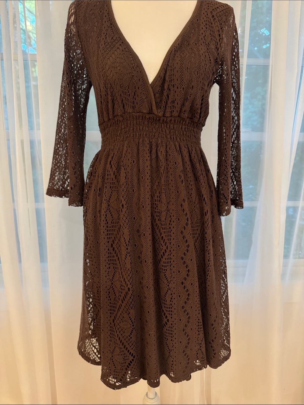 Brown Lace V-Neck Women's Dress Boho Chic Romantic